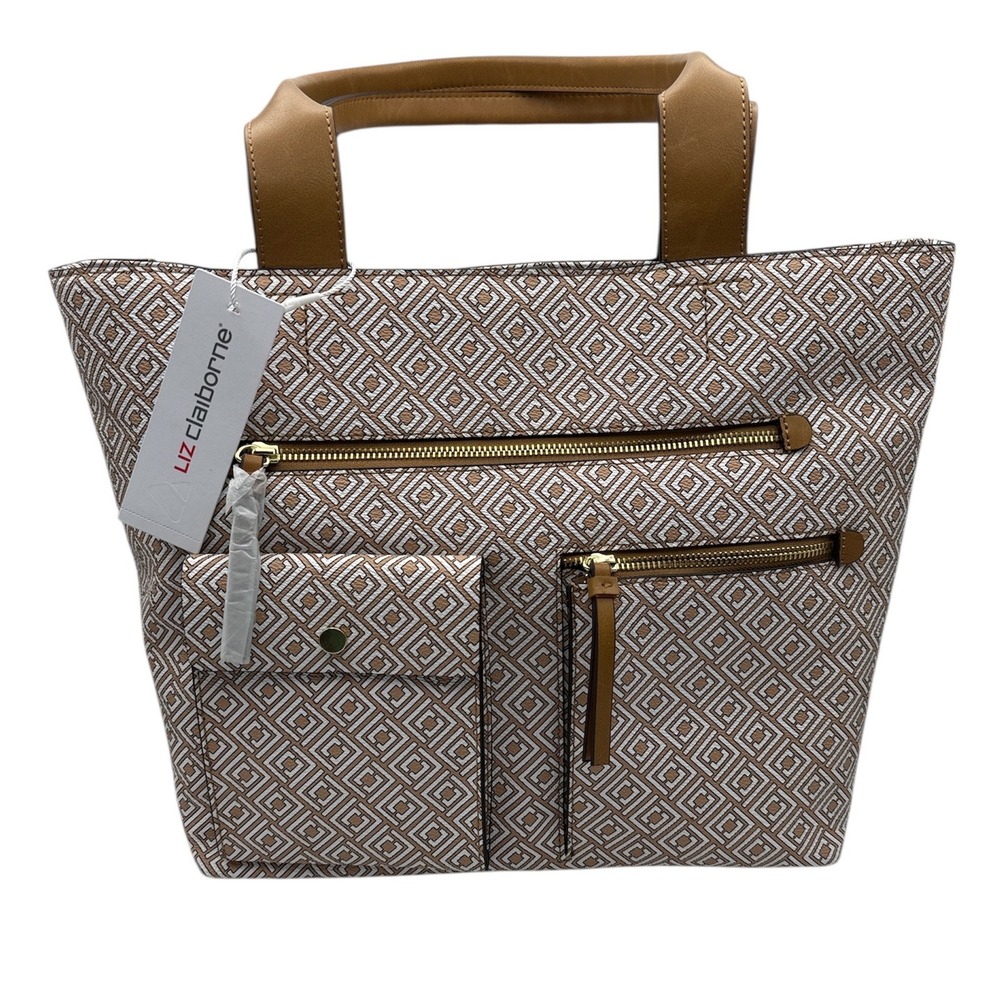 Liz Claiborne Tote‎ Bag Multi Pocket Satchel Handbag Purse Brown White NWT $80